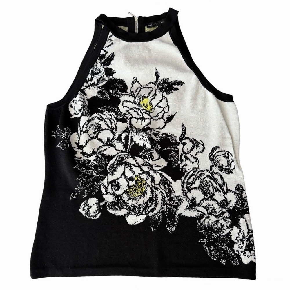 White House Black Market Floral Halter Top L •Zip Back Botanical Monochrome WHBM - Picture 1 of 11